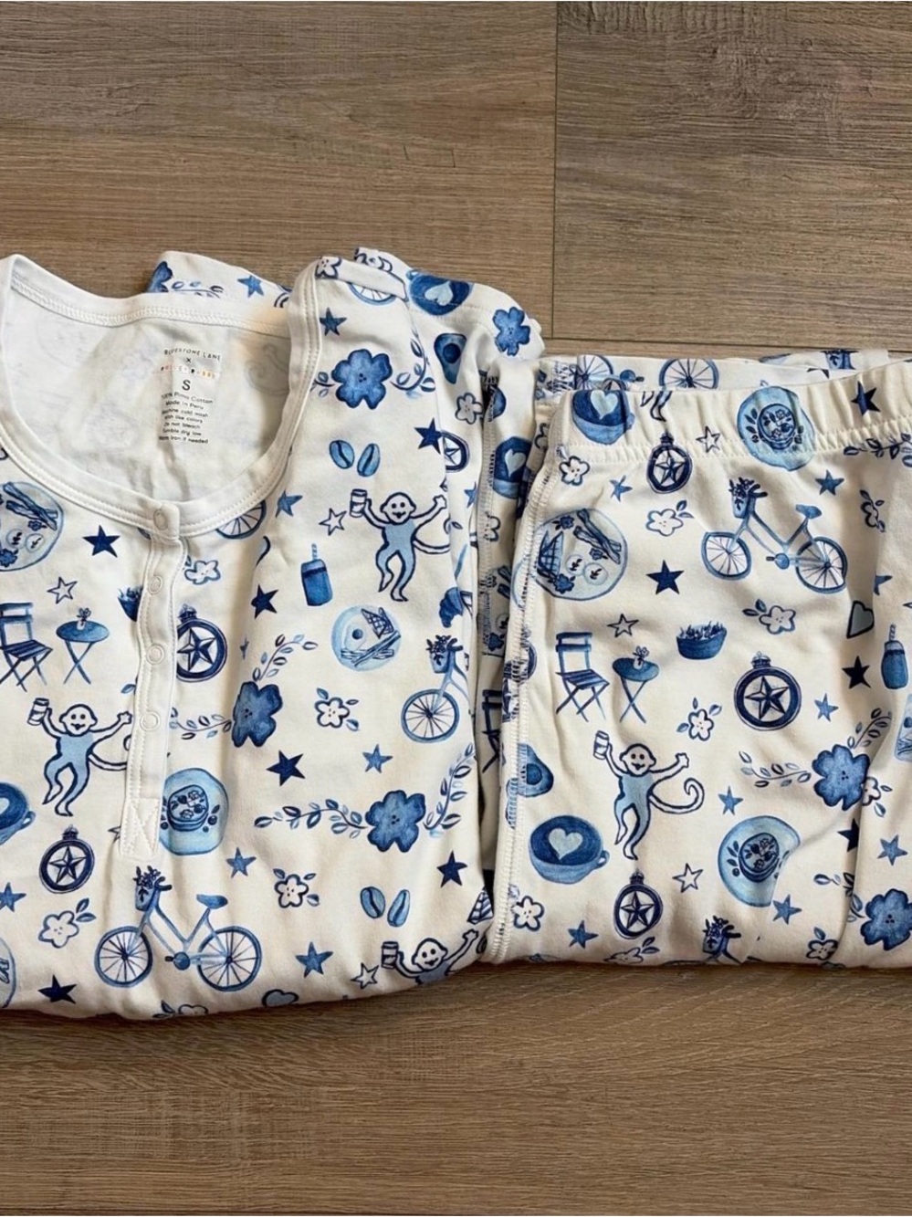 Roller Rabbit White and Blue Monkey & Bicycle Print Pajama Set